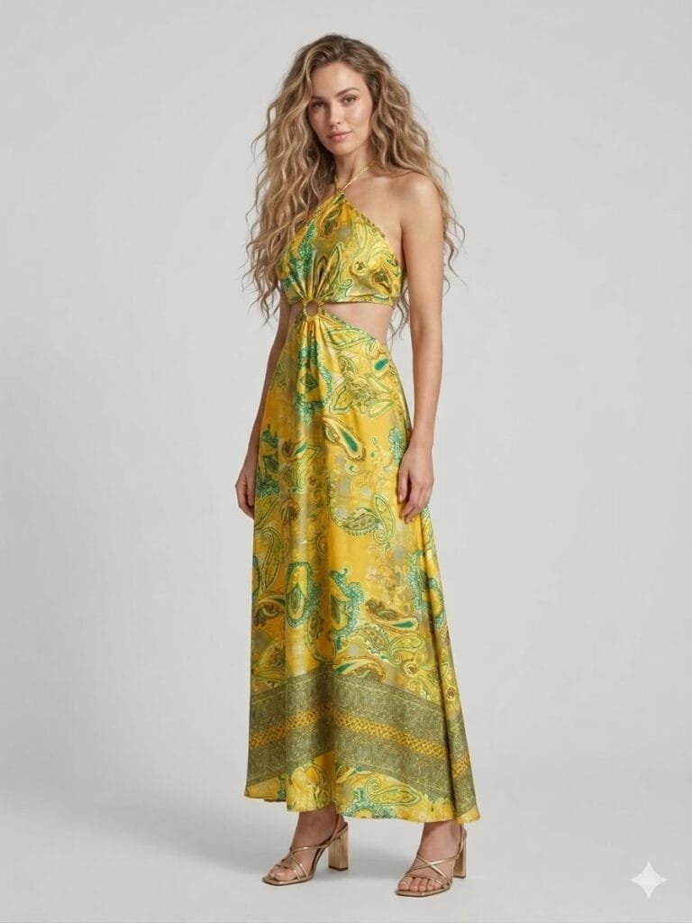 Citrine Yellow Cutout Halter Maxi Dress