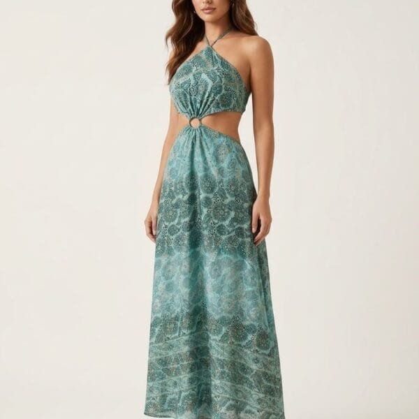 Turquoise Paisley Cutout Halter Maxi Dress
