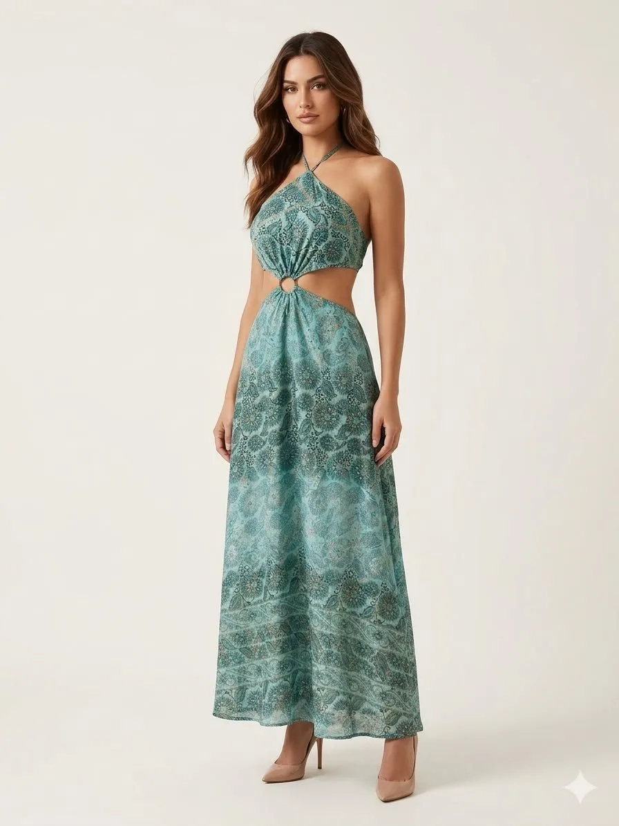 Turquoise Paisley Cutout Halter Maxi Dress