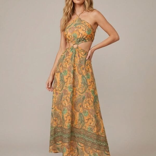 Amber Paisley Cutout Halter Maxi Dress