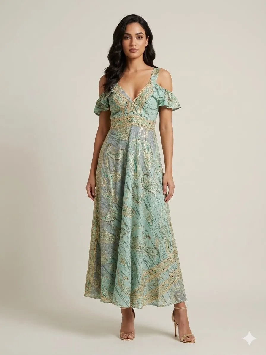 Sage Mint Cold-Shoulder Maxi Dress