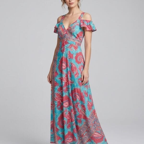 Turquoise Coral Cold-Shoulder Maxi Dress