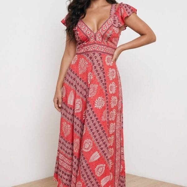 Coral Bandana Cold-Shoulder Maxi Dress