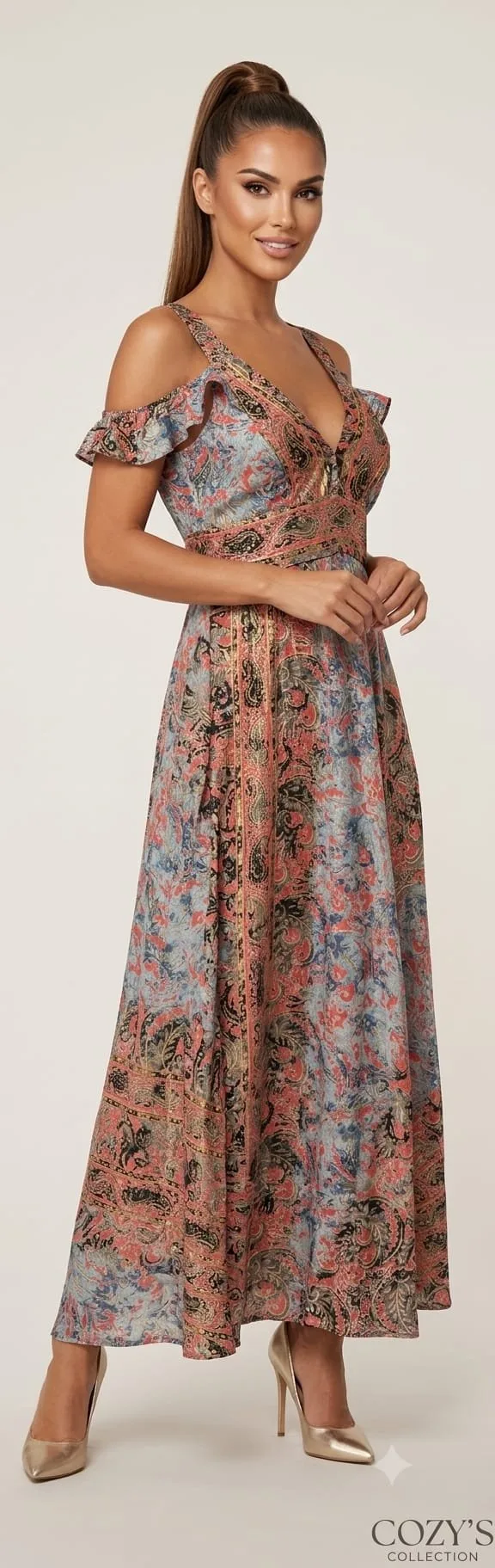 Dusty Blue Cold-Shoulder Maxi Dress