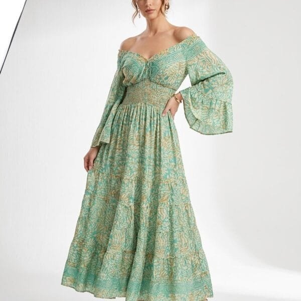 Sage Garden Kimono-Sleeve Tiered Maxi Dress