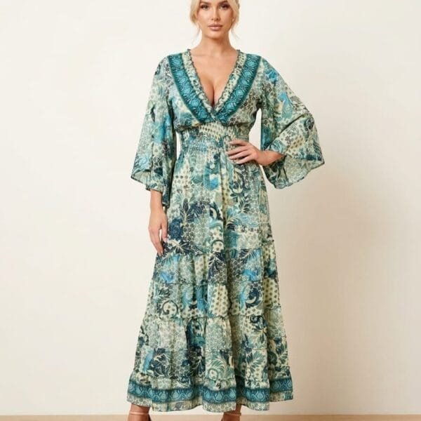 Emerald Patchwork Kimono-Sleeve Tiered Maxi Dress