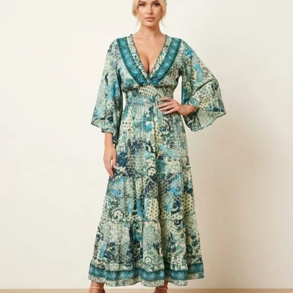 Emerald Patchwork Kimono-Sleeve Tiered Maxi Dress