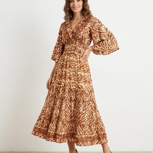 Copper Batik Kimono-Sleeve Tiered Maxi Dress
