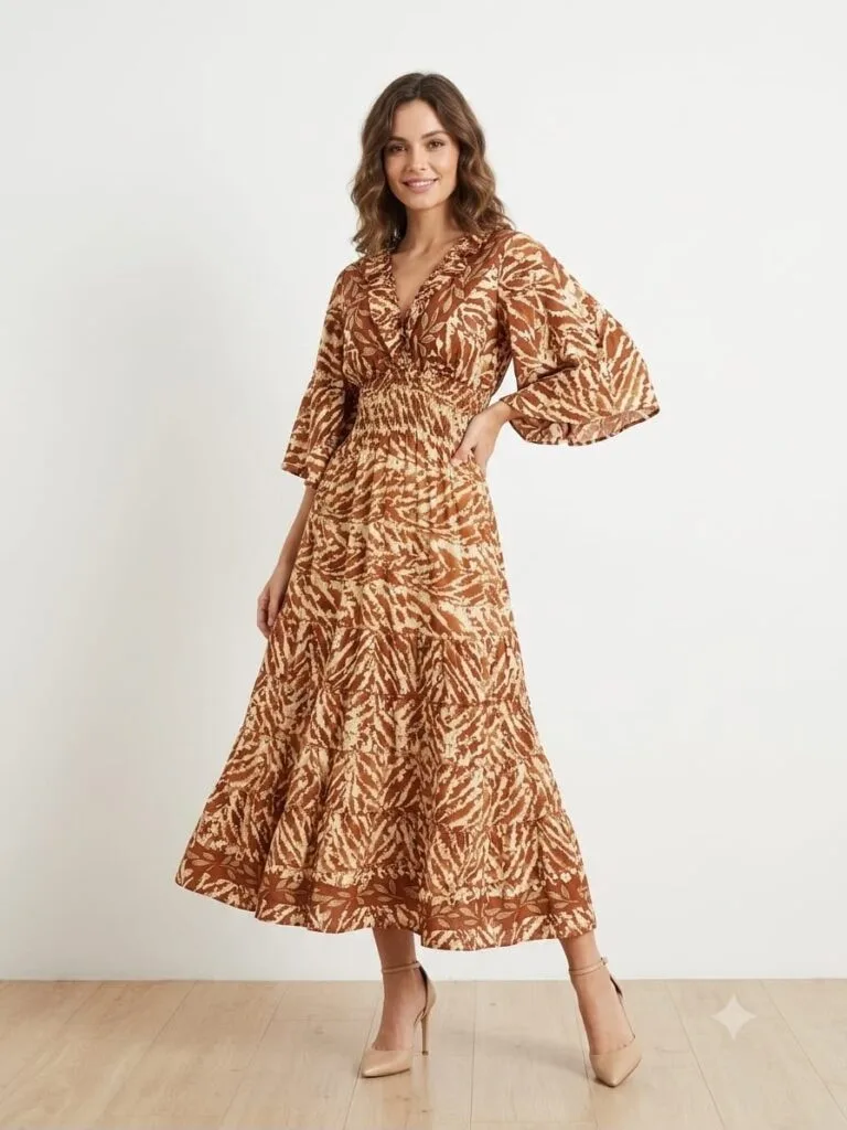 Copper Batik Kimono-Sleeve Tiered Maxi Dress