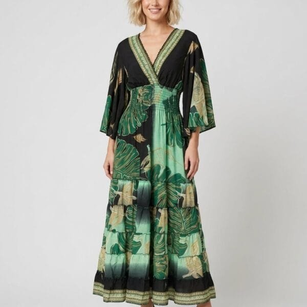 Black Palm Kimono-Sleeve Tiered Maxi Dress