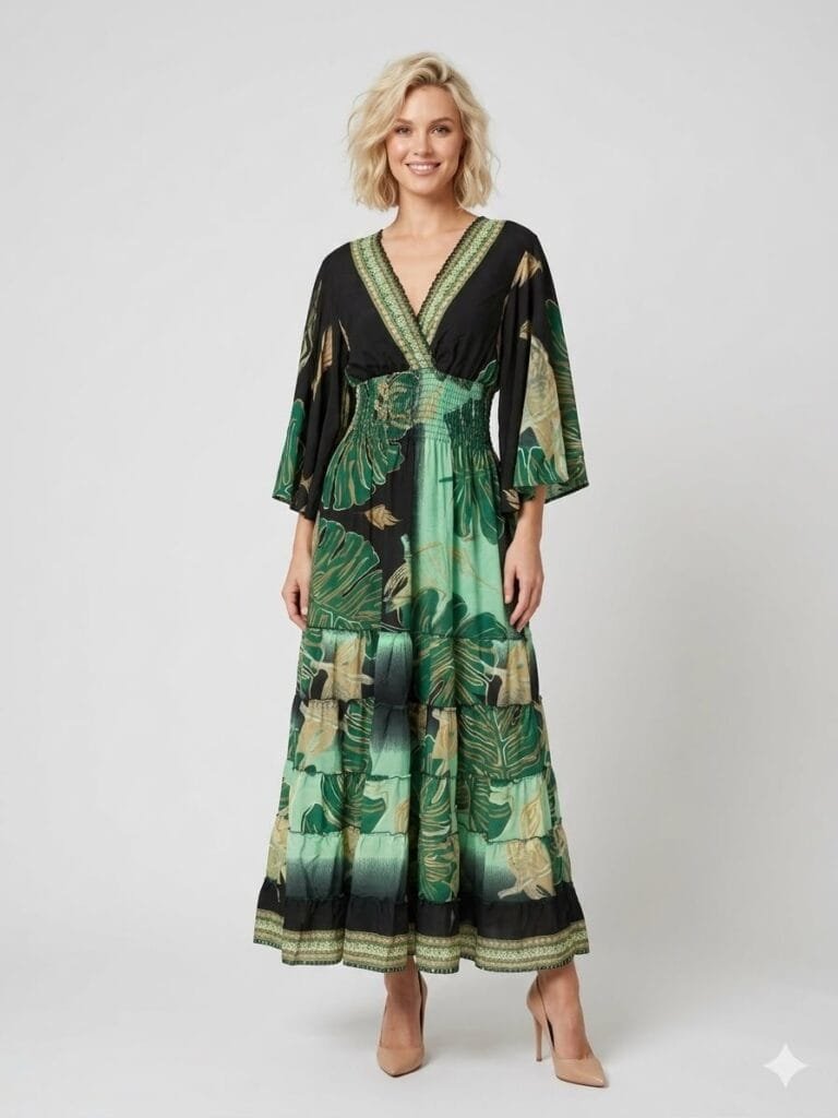 Black Palm Kimono-Sleeve Tiered Maxi Dress