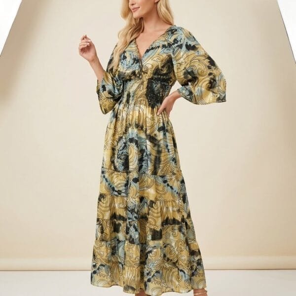 Golden Olive Kimono-Sleeve Tiered Maxi Dress