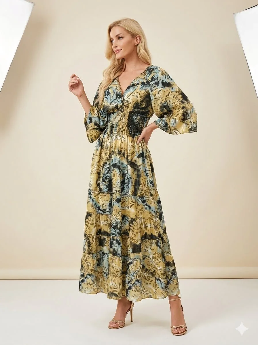 Golden Olive Kimono-Sleeve Tiered Maxi Dress