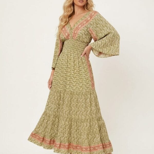 Moss Coral Kimono-Sleeve Tiered Maxi Dress