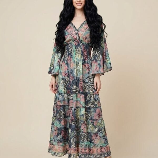 Navy Patchwork Kimono-Sleeve Tiered Maxi Dress