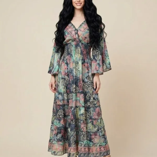 Navy Patchwork Kimono-Sleeve Tiered Maxi Dress