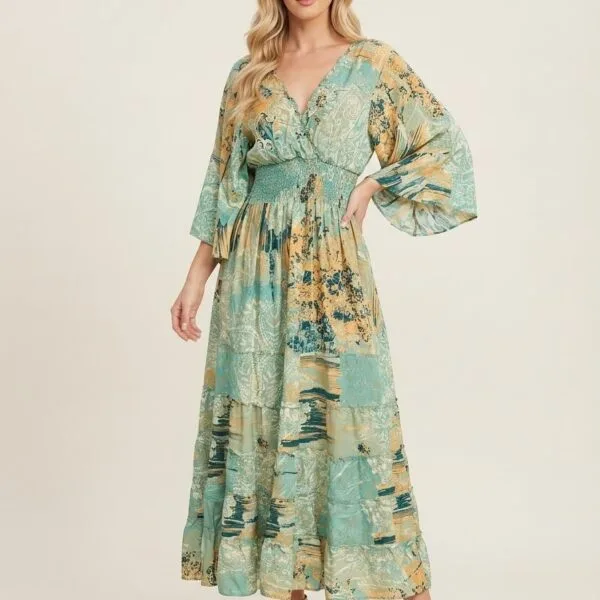 Aqua Bloom Kimono-Sleeve Tiered Maxi Dress