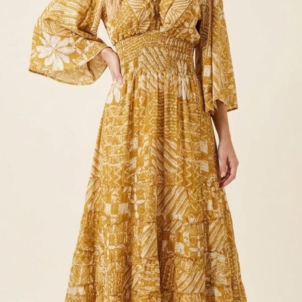 Mustard Gold Kimono-Sleeve Tiered Maxi Dress
