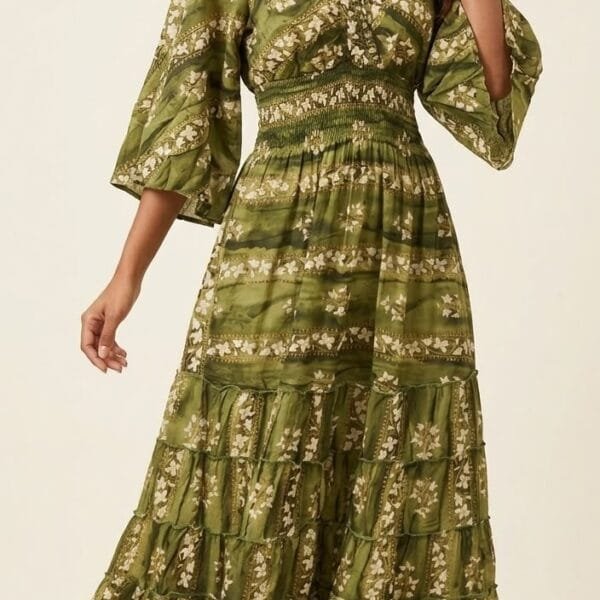 Olive Grove Kimono-Sleeve Tiered Maxi Dress