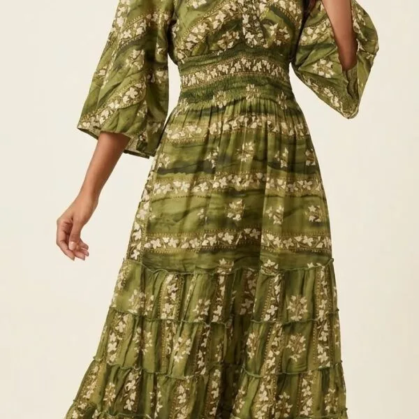 Olive Grove Kimono-Sleeve Tiered Maxi Dress