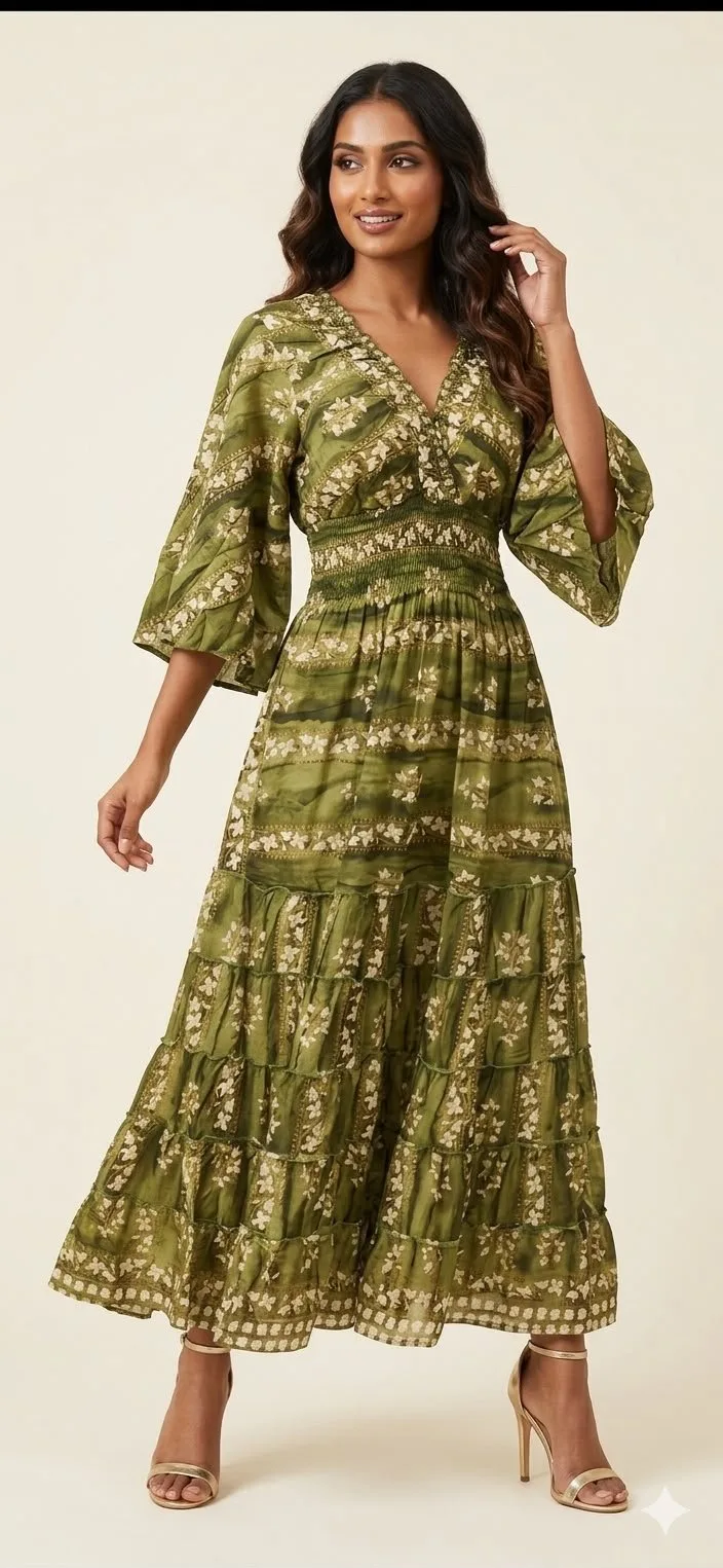 Olive Grove Kimono-Sleeve Tiered Maxi Dress