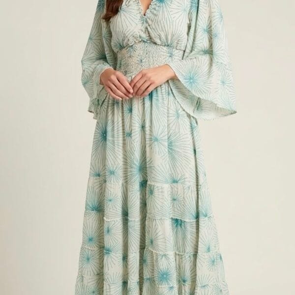 Ice Mint Kimono-Sleeve Tiered Maxi Dress