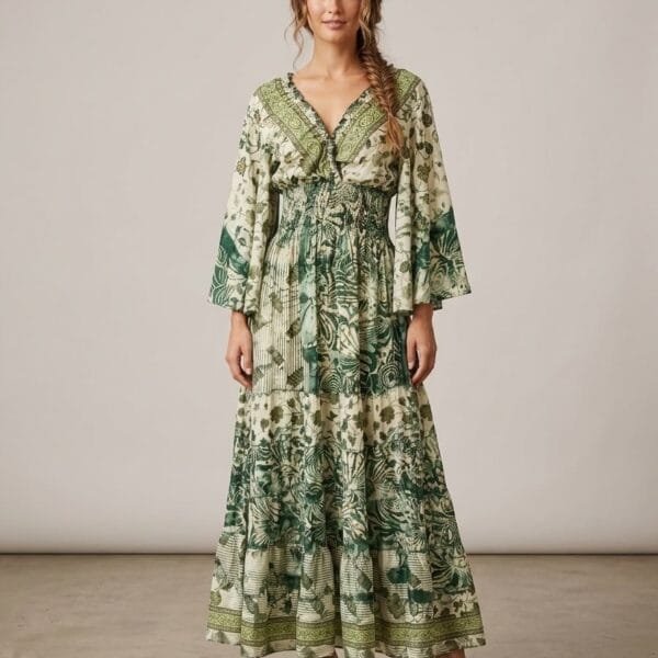 Fern Botanical Kimono-Sleeve Tiered Maxi Dress