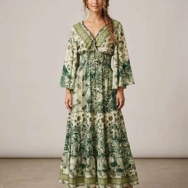 Fern Botanical Kimono-Sleeve Tiered Maxi Dress