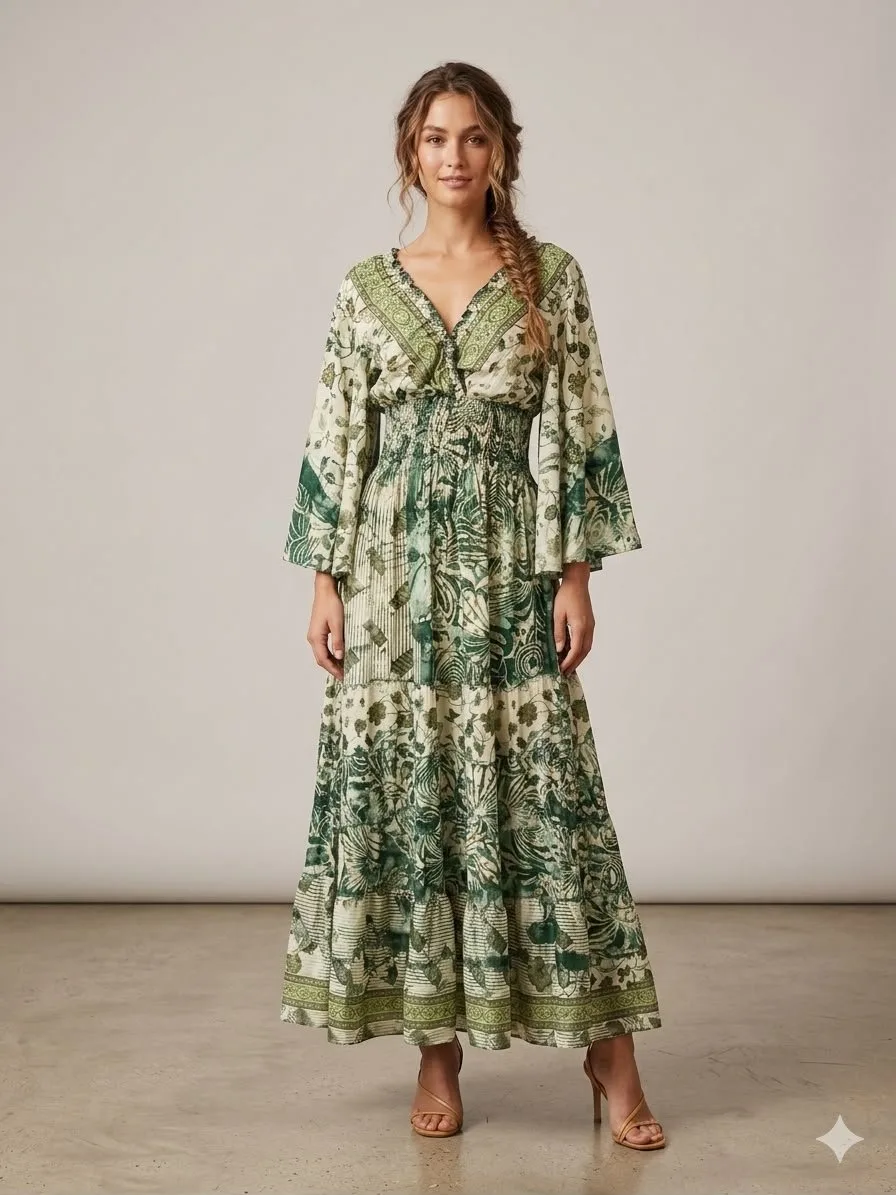 Fern Botanical Kimono-Sleeve Tiered Maxi Dress
