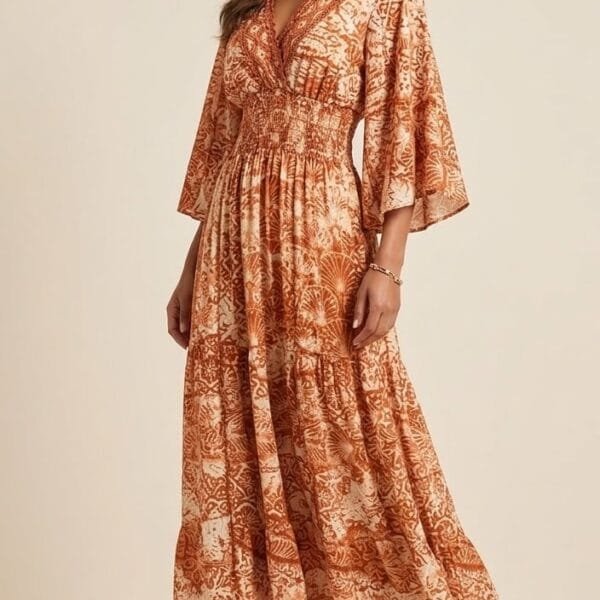 Rust Orange Kimono-Sleeve Tiered Maxi Dress