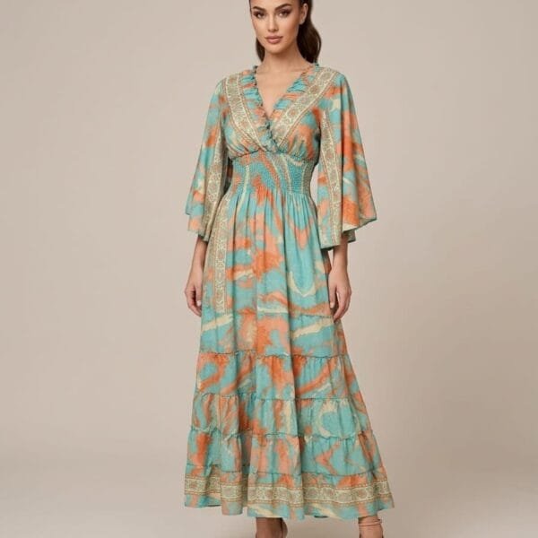 Turquoise Coral Kimono-Sleeve Tiered Maxi Dress