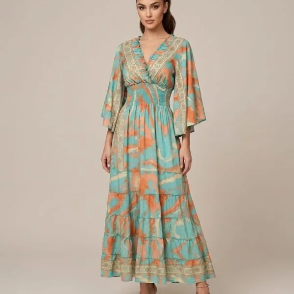 Turquoise Coral Kimono-Sleeve Tiered Maxi Dress