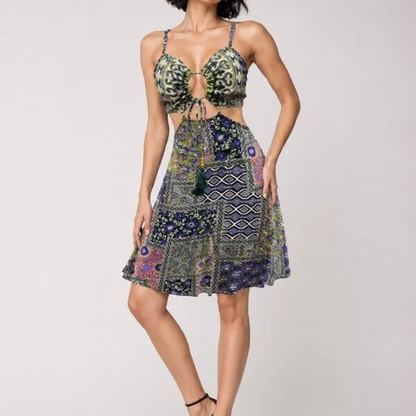 Indigo Patchwork Keyhole Cutout Cami Dress