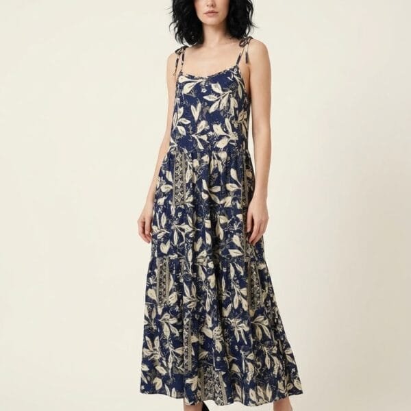 Navy Bloom Tie-Strap Tiered Maxi Dress