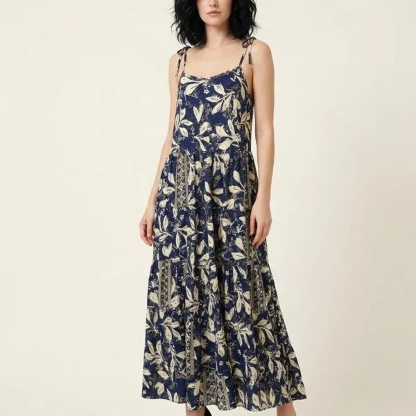 Navy Bloom Tie-Strap Tiered Maxi Dress