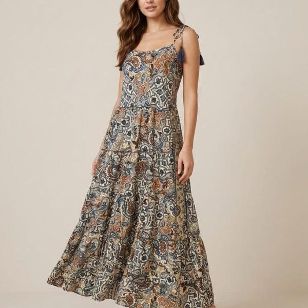 Olive Paisley Tie-Strap Tiered Maxi Dress