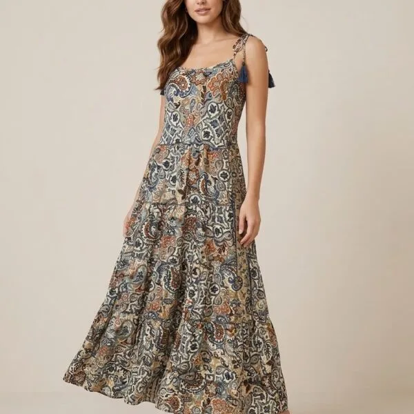 Olive Paisley Tie-Strap Tiered Maxi Dress