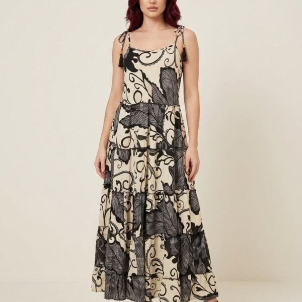 Ivory Noir Tie-Strap Tiered Maxi Dress