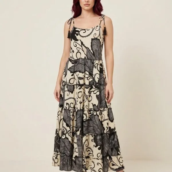 Ivory Noir Tie-Strap Tiered Maxi Dress