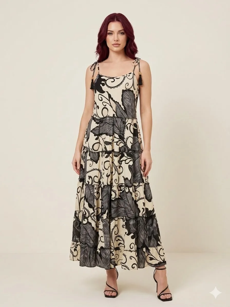 Ivory Noir Tie-Strap Tiered Maxi Dress