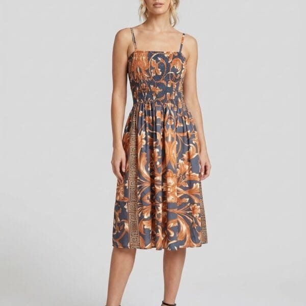 Rust Baroque Smocked Midi Sundress