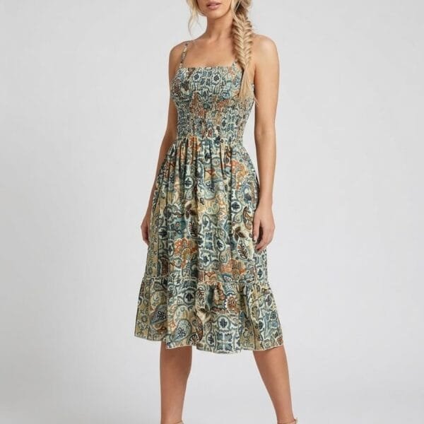 Sage Paisley Smocked Midi Sundress