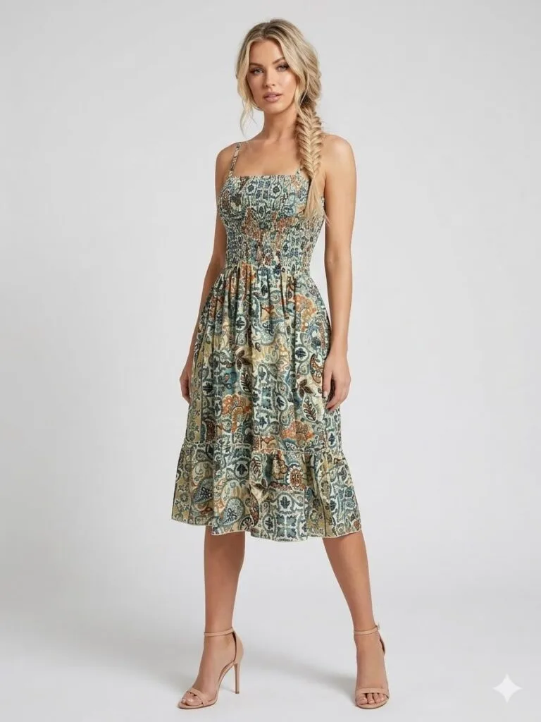 Sage Paisley Smocked Midi Sundress