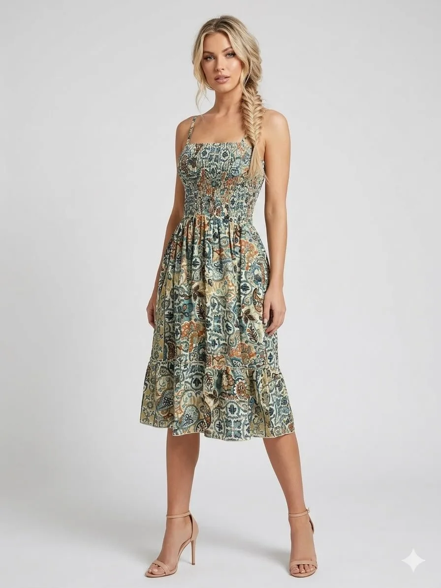 Sage Paisley Smocked Midi Sundress