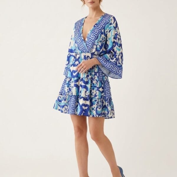 Santorini Tile Kimono-Sleeve Mini Dress