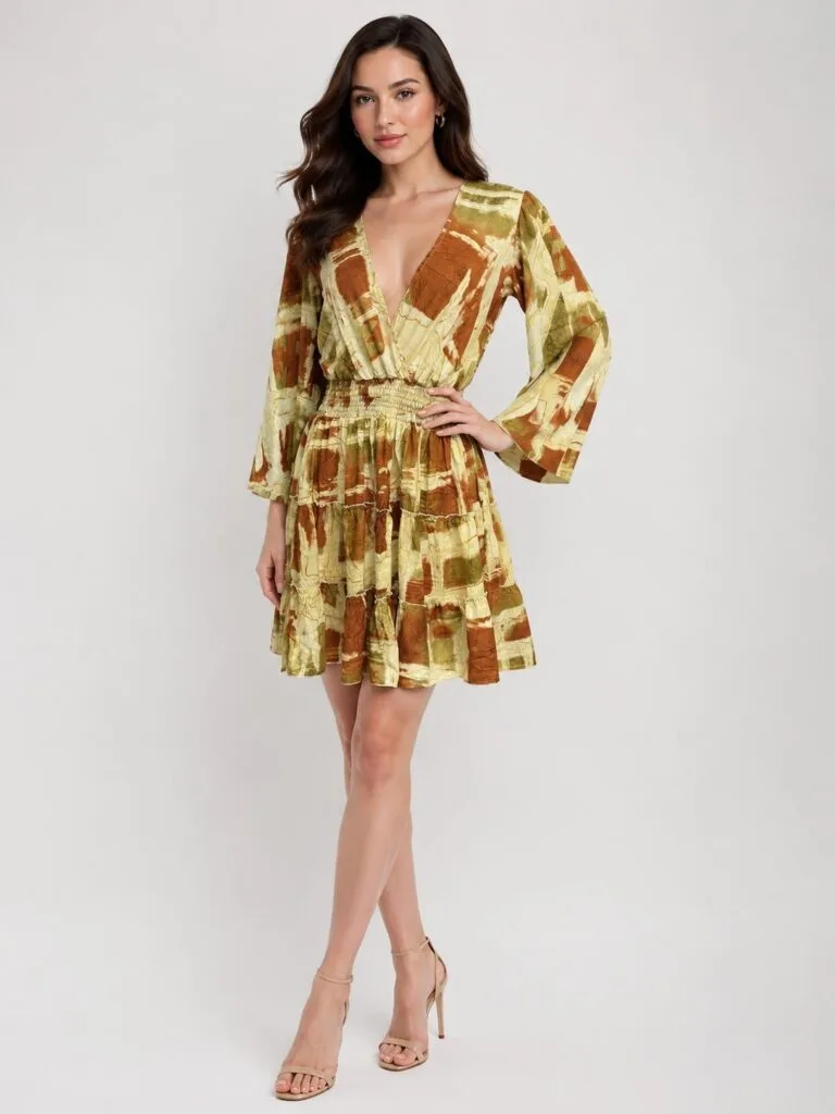Golden Amber Kimono-Sleeve Mini Dress