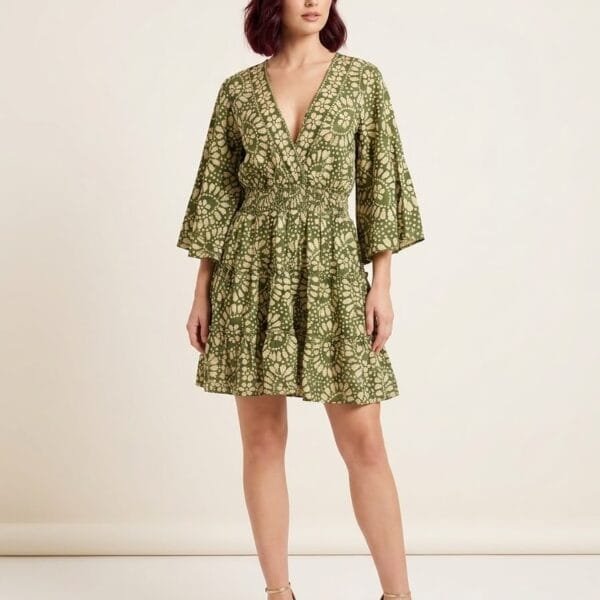 Olive Green Kimono-Sleeve Mini Dress