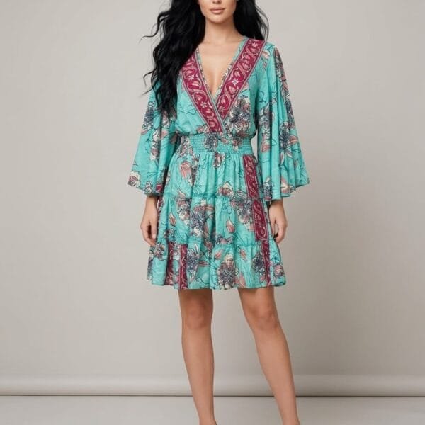 Turquoise Rose Kimono-Sleeve Mini Dress