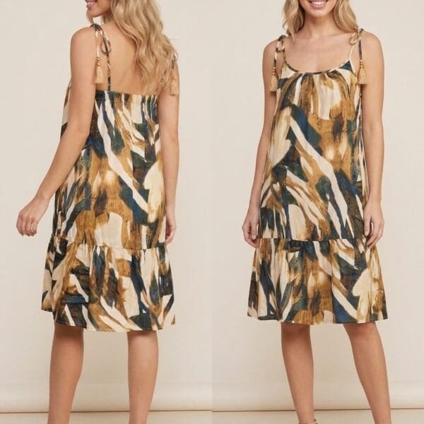 Sahara Brushstroke Tie-Strap Tiered Sundress