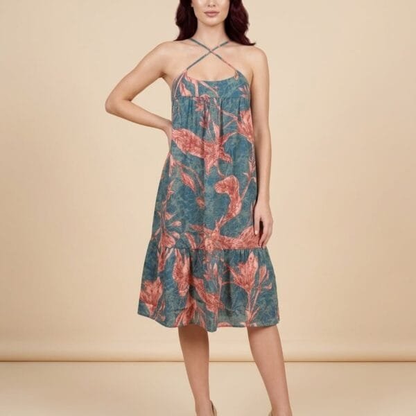 Teal Coral Tie-Strap Tiered Sundress